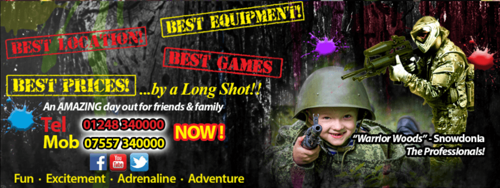The previous Paintball Wales promotional banner, densely packed with text and slogans