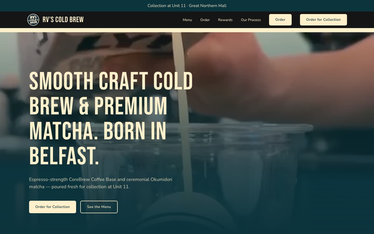 RV's Cold Brew landing page hero screenshot