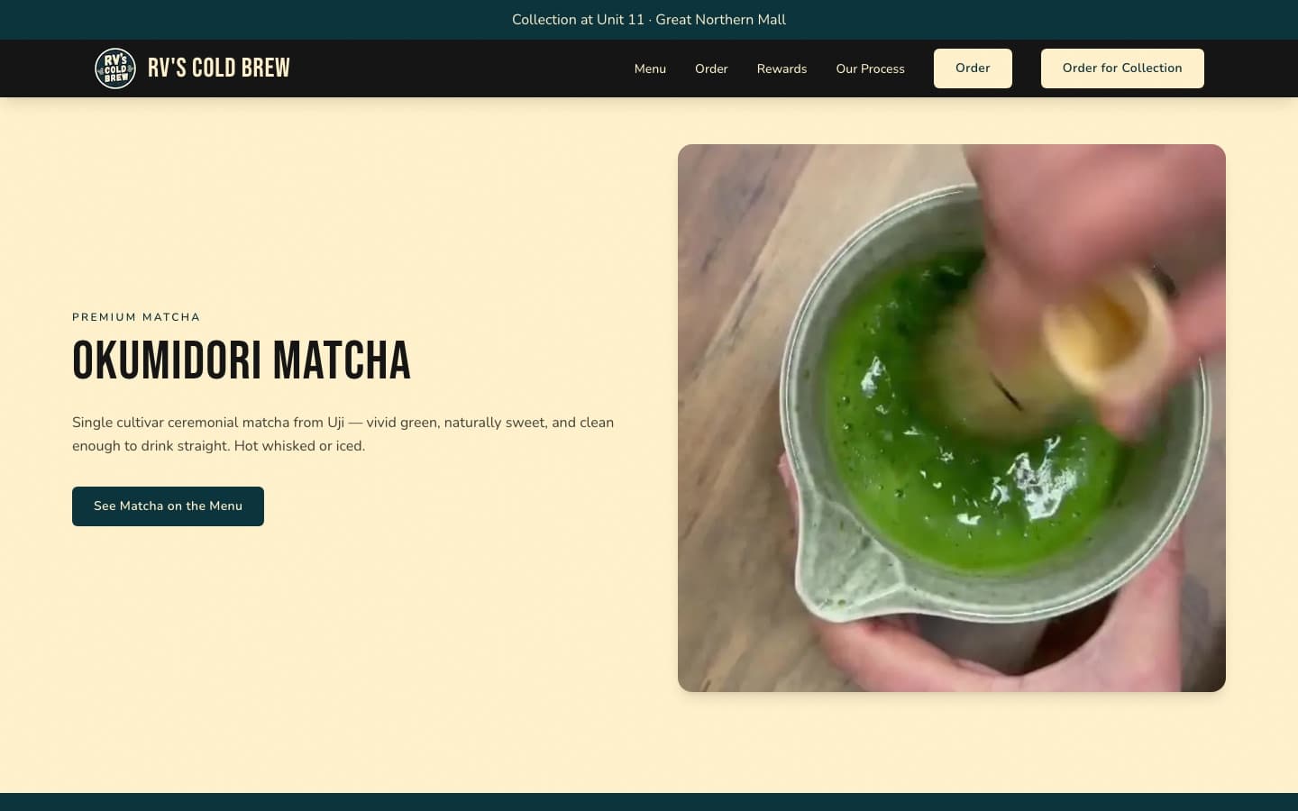 RV's Cold Brew product story section detailing the Okumidori matcha