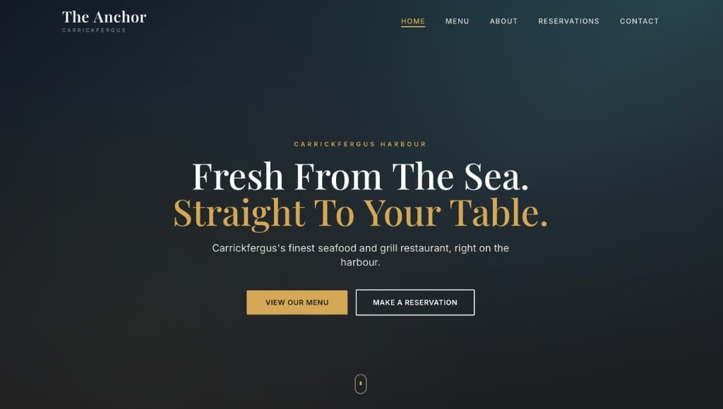 The Anchor Restaurant website with menu and booking enquiry