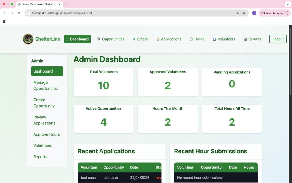 ShelterLink admin dashboard with volunteer metrics and recent activity