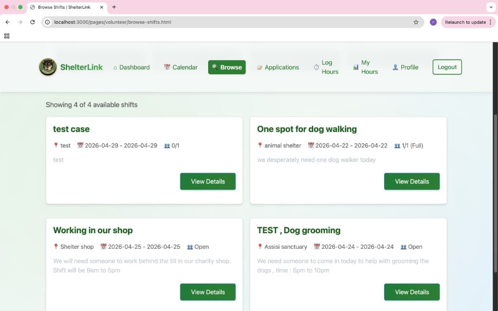 ShelterLink volunteer browse shifts page showing available opportunities