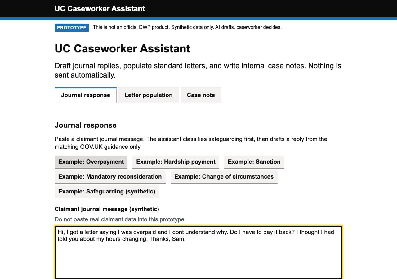 UC Caseworker Assistant journal response tool with a synthetic overpayment example loaded